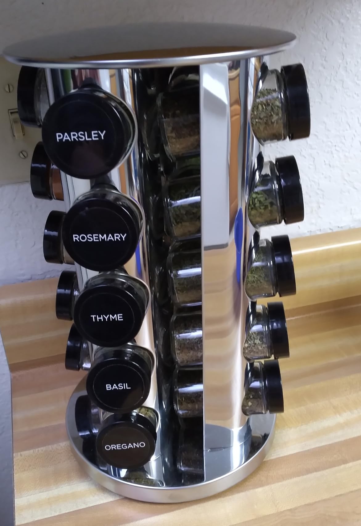 Kamenstein 20 Jar Revolving Countertop Spice Rack with Spices Included, FREE Spice Refills for 5 Years, Polished Stainless Steel with Black Caps, 30020 customer photo 2