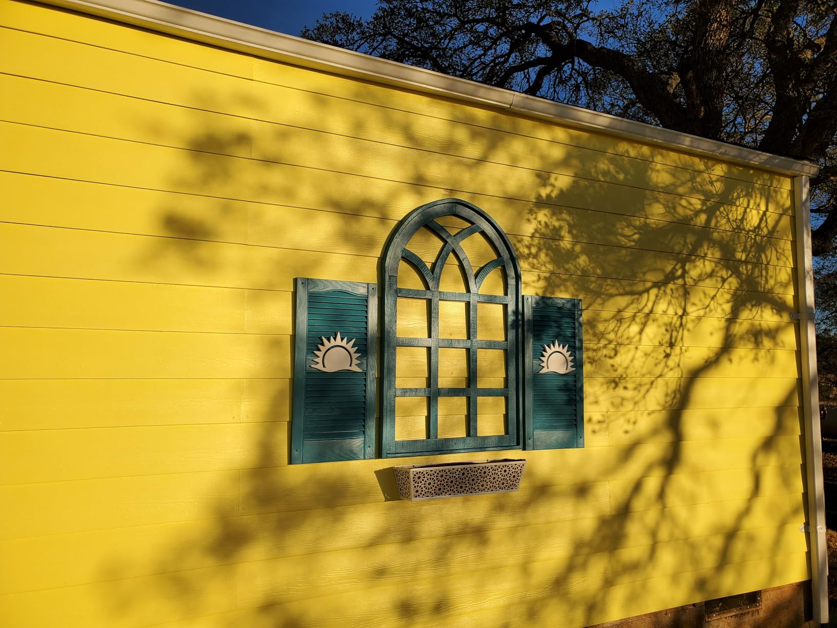 Ekena Millwork Lifetime Vinyl LL1S12X02500PG Standard Cathedral Top Center Mullion, Open Louver Vinyl Shutters, w/Installation Shutter-Lok's & Matching Screws (Per Pair), 12'W x 25'H, Paintable customer photo 1