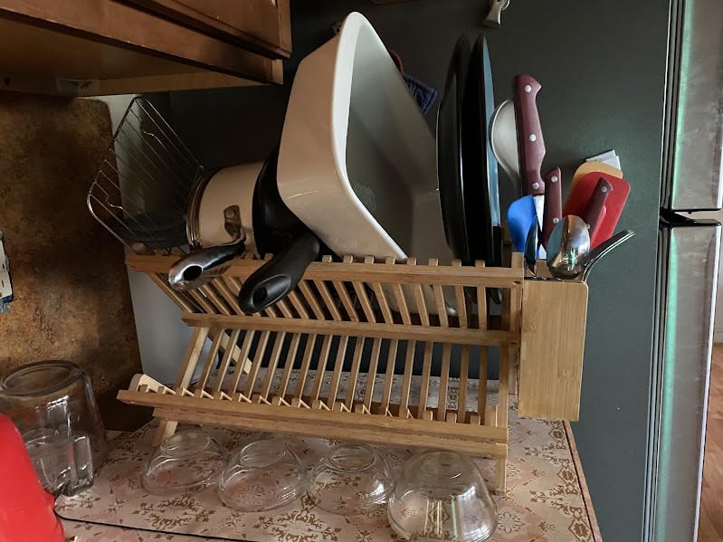 HBlife Dish Rack, Bamboo Folding 2-Tier Collapsible Drainer Dish Drying Rack with Utensils Flatware Holder Set customer photo 1