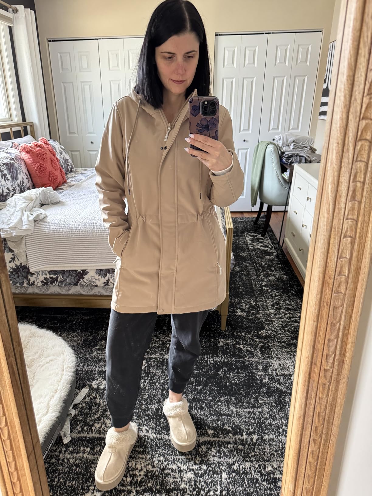 Outdoor Ventures Women's Lightweight Waterproof Fleece Lined Hooded Softshell Rain Jacket, Warm Windbreaker Long Coat customer photo 2