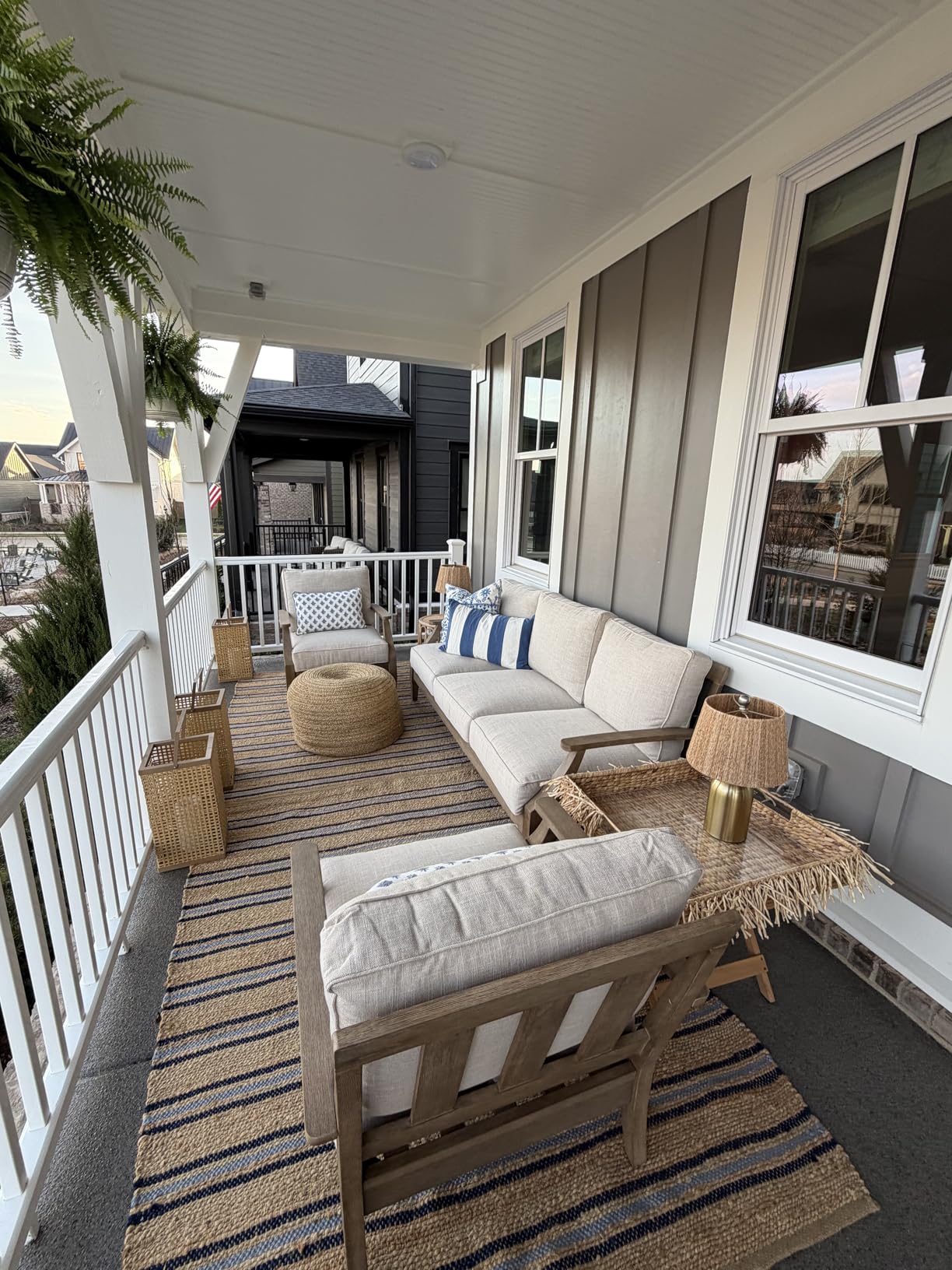 Signature Design by Ashley Clare View Outdoor Patio Sofa, 4 Throw Pillows, Nuvella Weather Resistant Fabric, Eucalyptus Wood, 81 W x 35 D x 32 H, Beige customer photo 1