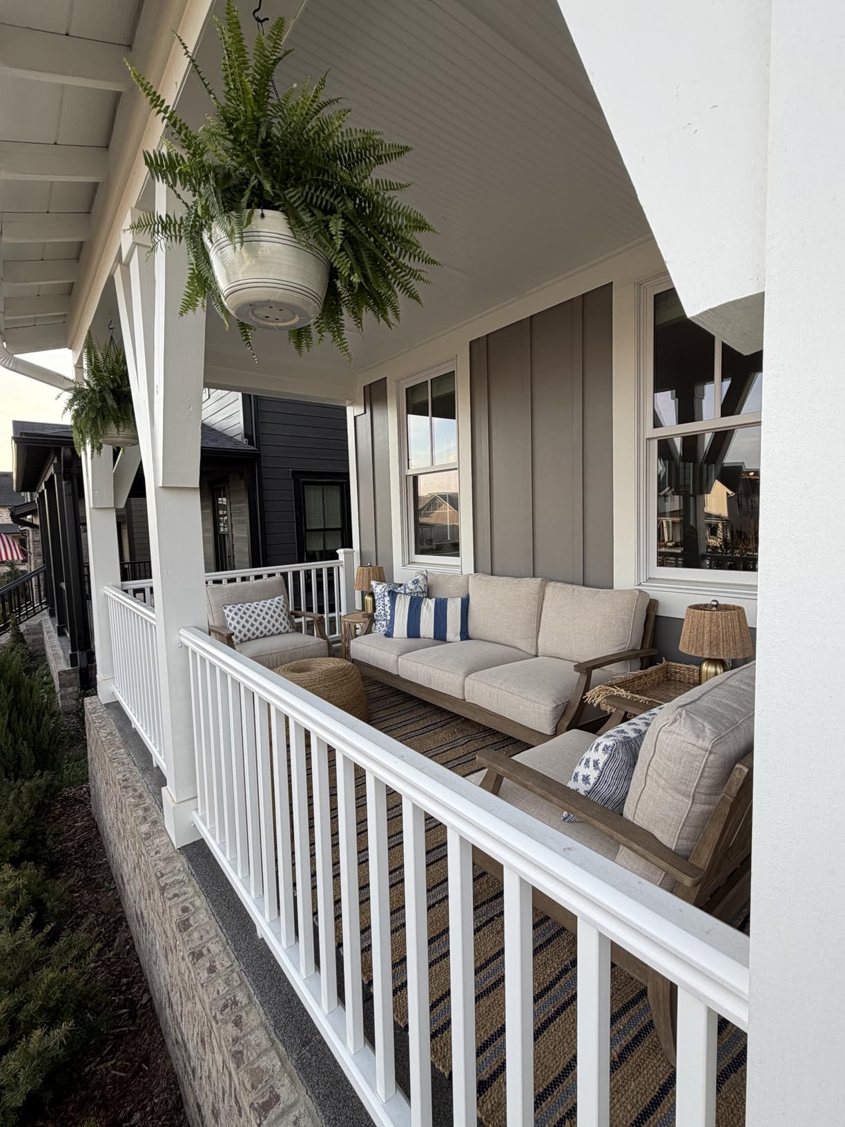 Signature Design by Ashley Clare View Outdoor Patio Sofa, 4 Throw Pillows, Nuvella Weather Resistant Fabric, Eucalyptus Wood, 81 W x 35 D x 32 H, Beige customer photo 2