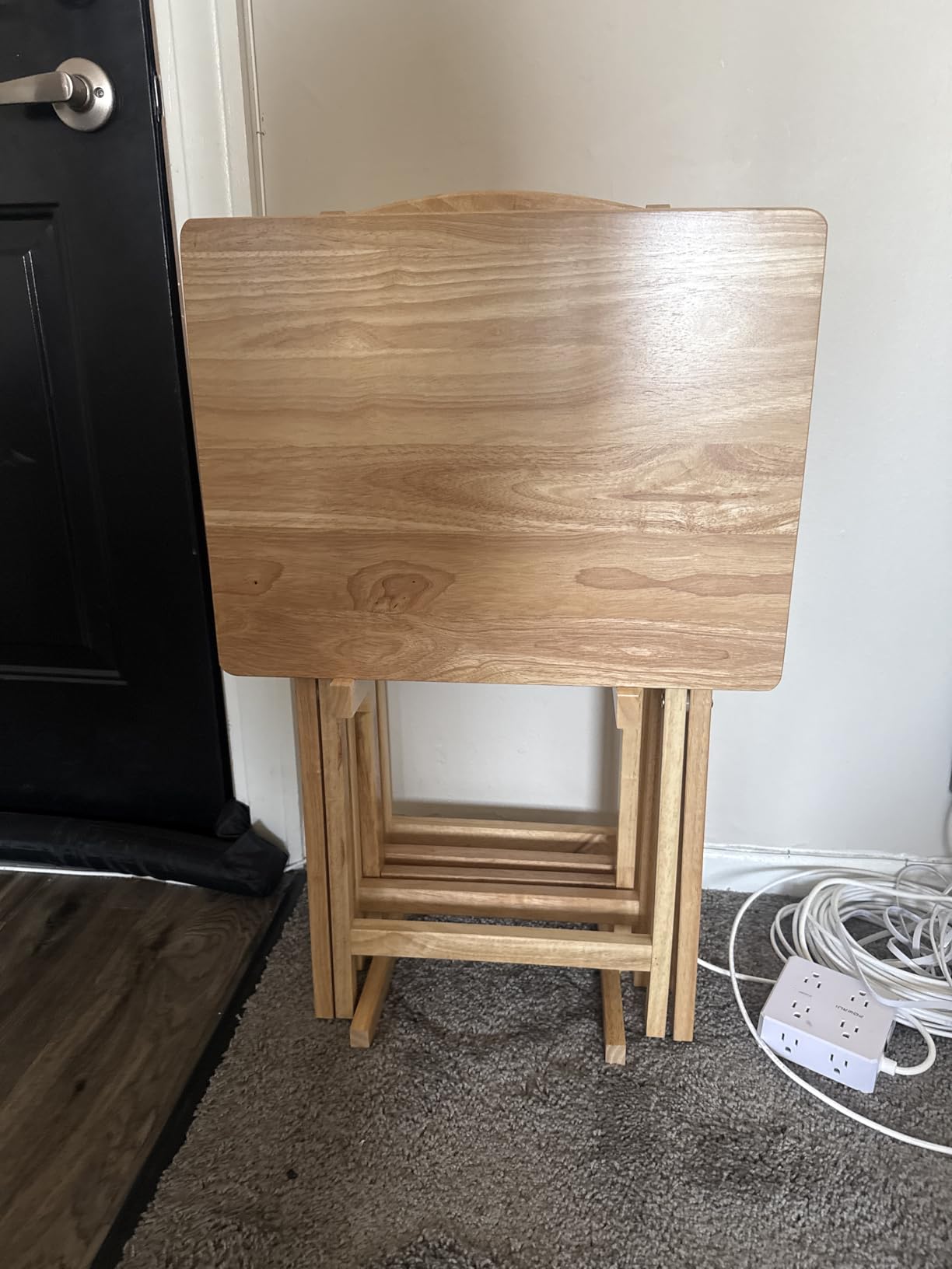 Amazon Basics Portable Foldable TV Tray Table with Storage Rack, Space-Saving Design, Sturdy Wood, 14.6