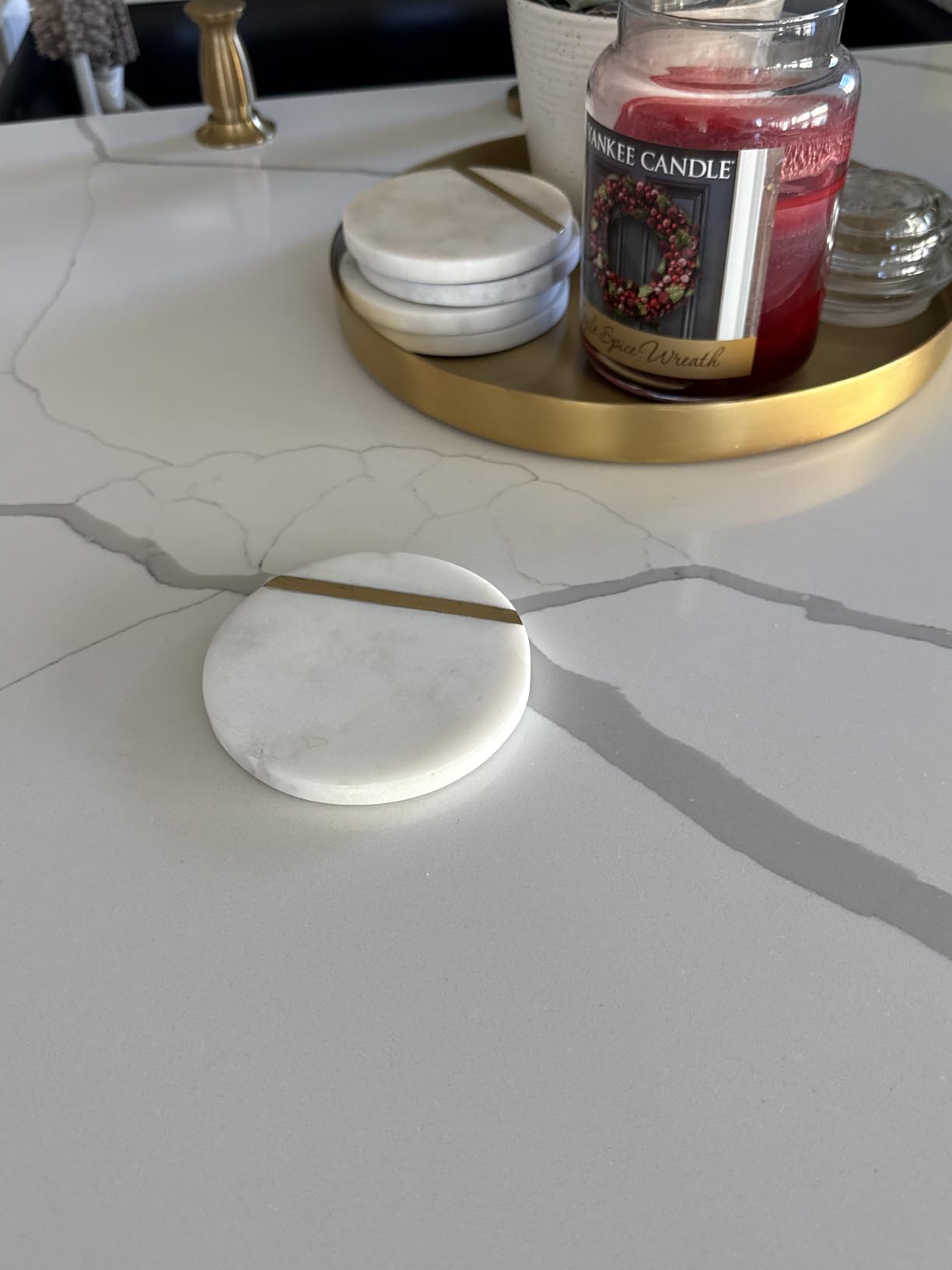 Marble Coasters Set of 6 - Luxury Aesthetic Modern Decor for Coffee Table- White Marble with Gold Brass Inlay - Real Natural Semi Absorbent Stone Coasters customer photo 1