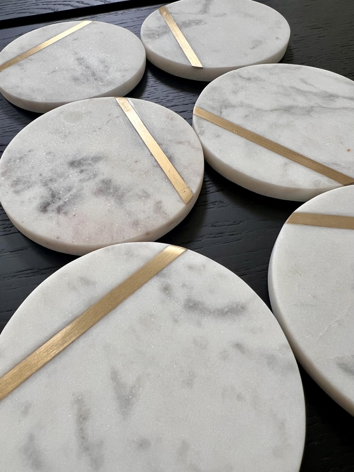 Marble Coasters Set of 6 - Luxury Aesthetic Modern Decor for Coffee Table- White Marble with Gold Brass Inlay - Real Natural Semi Absorbent Stone Coasters customer photo 2