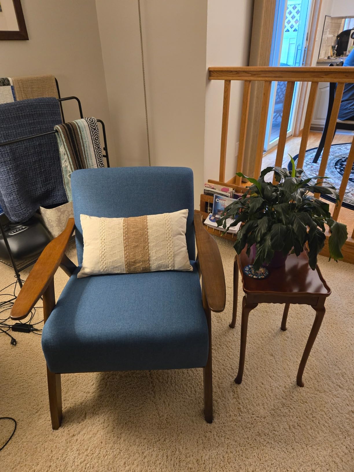 Lexicon Mid Century Modern Accent Chair with Solid Wood Frame in Walnut Finish, Upholstered Living Room Lounge Arm Chair, Thick and Comfy Innerspring Seat Cushion, Linen-Look Fabric, Light Brown customer photo 2