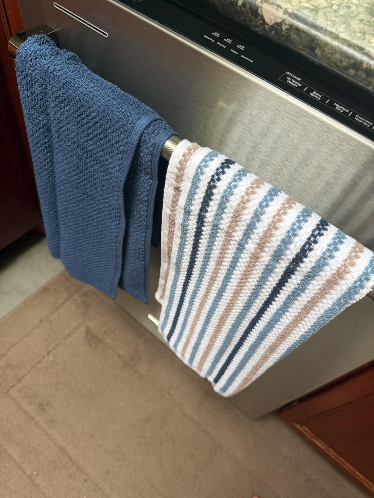 Premium Kitchen Towels (16x26, 6 Pack) | Large Cotton Kitchen Hand Towels | Popcorn Striped Design | Dish Towels | 430 GSM Highly Absorbent Tea Towels Set with Hanging Loop | Blue customer photo 1
