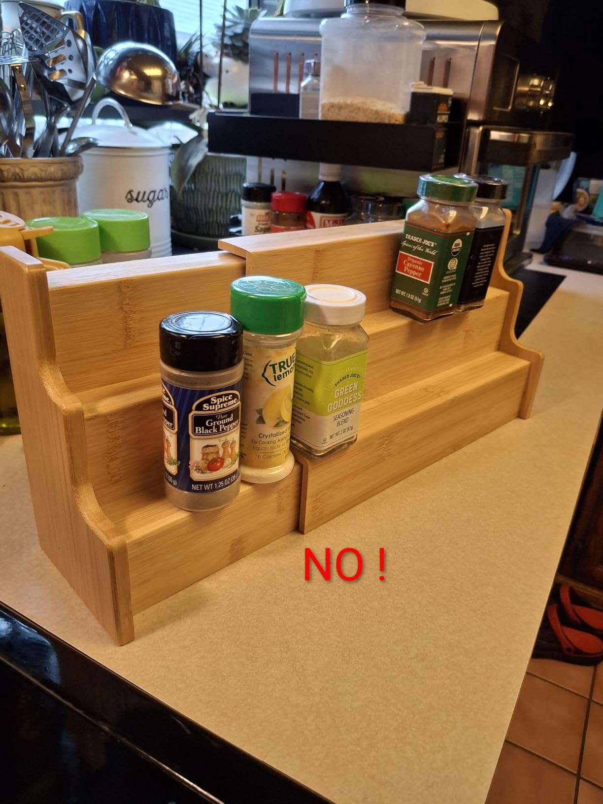 Spice Rack Kitchen Cabinet Organizer- 3 Tier Bamboo Expandable Display Shelf Yellow customer photo 2