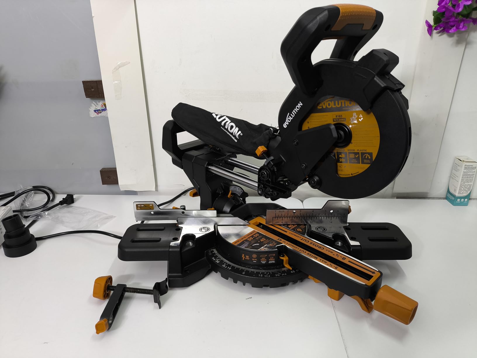 Evolution Power Tools R185SMS+ Sliding Miter Saw with Multi-Material Cutting, 45 Degree Bevel, 50 Degree Miter, 210 mm Slide, Blade Included Cuts Wood Plastic Metal & More, 7-1/4