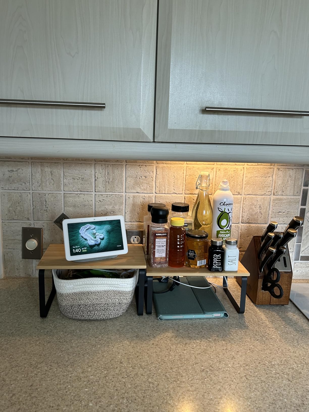 SONGMICS Cabinet Organizer Shelf, Set of 2 Kitchen Counter Shelves, Kitchen Storage, Spice Rack, Stackable, Expandable, Metal and Engineered Wood, Cloud White and Natural Beige UKCS02NW customer photo 2