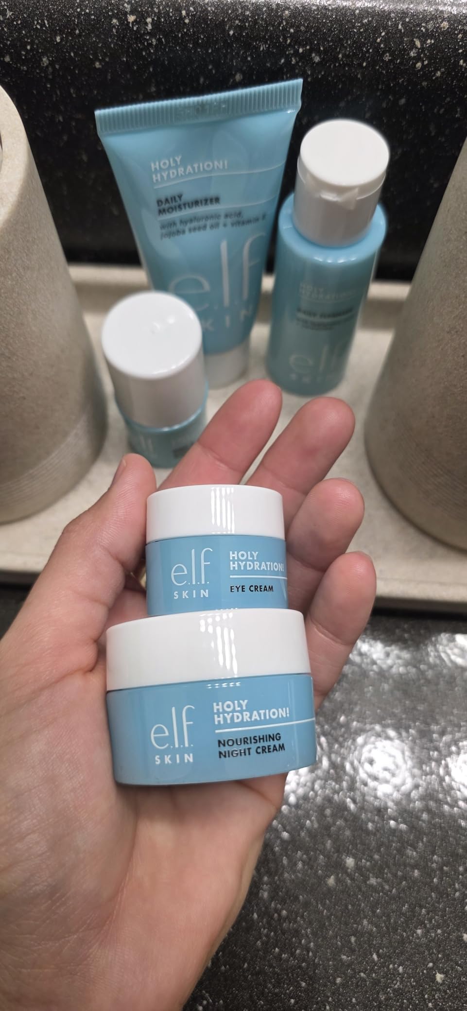 e.l.f. SKIN Holy Hydration! Jet Set Hydration Kit, Travel Friendly Hydrating Skincare Set, Face Cleanser, Balm, Moisturizer, Eye Cream & Night Cream, Vegan & Cruelty-Free customer photo 1