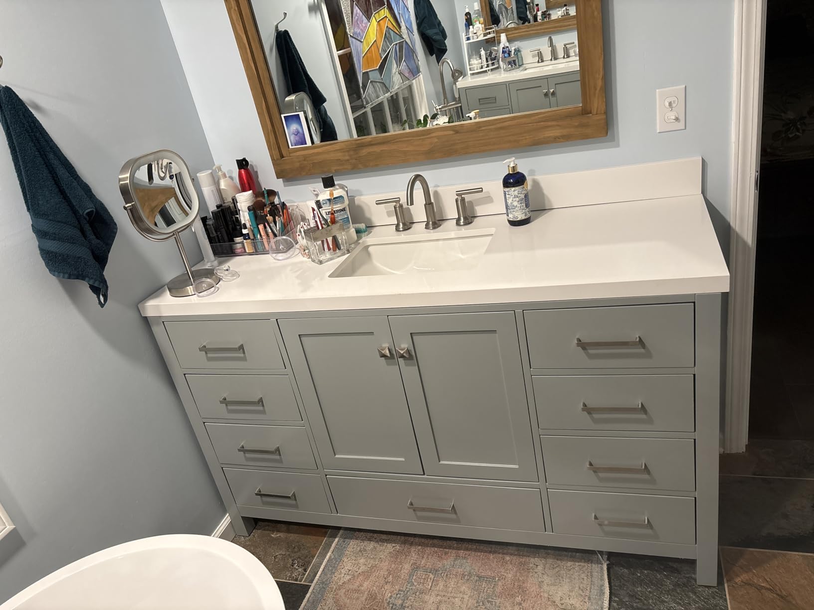 Cambridge 54-inch Bathroom Vanity with Sink, Solid Wood, 1.5-inch Pure White Quartz Countertop & Backsplash, Single Rectangular Porcelain Sink, 2 Soft Closing Doors, 9 Dovetail Drawers, White customer photo 1