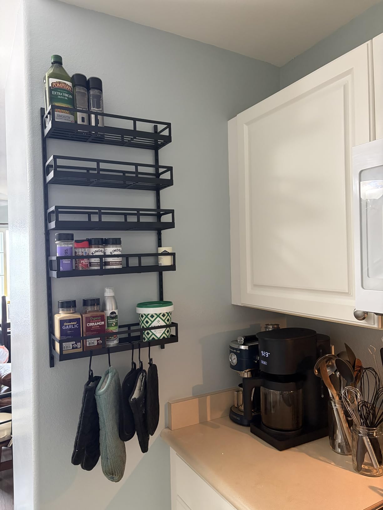 X-cosrack Wall Mount Spice Rack Organizer 5 Tier Height-Adjustable Hanging Spice Shelf Storage for Kitchen Pantry Cabinet, Dual-Use Seasoning Holder Rack with Hooks, Black-Patented customer photo 1