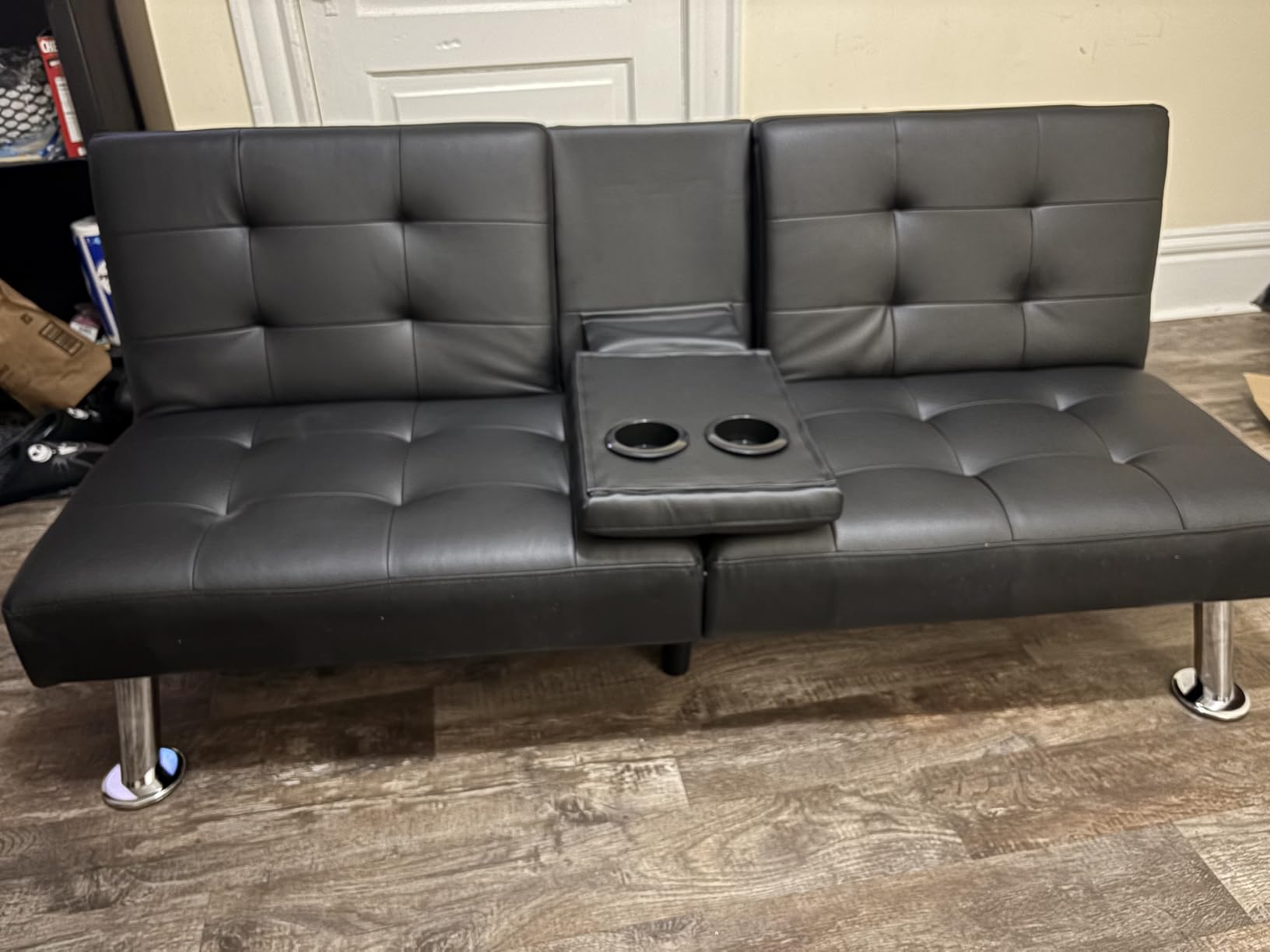 Flamaker Futon Sofa Bed Modern Folding Futon Set Convertible Recliner Lounge for Living Room with 2 Cup Holders, Removable Armrests (PU Leather, Black) customer photo 1