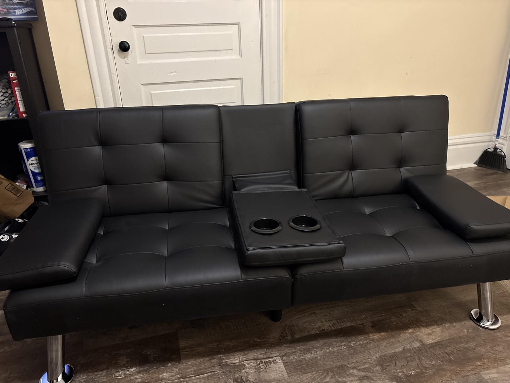 Flamaker Futon Sofa Bed Modern Folding Futon Set Convertible Recliner Lounge for Living Room with 2 Cup Holders, Removable Armrests (PU Leather, Black) customer photo 2