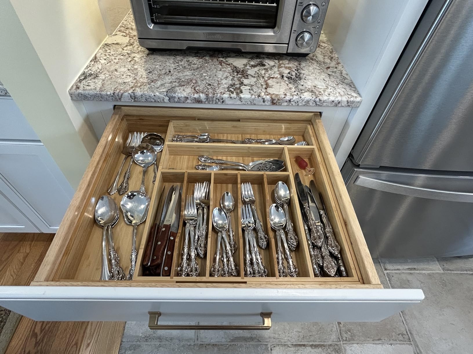 Umilife Bamboo Kitchen Drawer Organizer, 13 Inch Silverware Utensil Tray Holder, Extra Deep Grooved Drawer Divider, 7 Slots Total Bamboo Wood Caddy for Flatware Cutlery Knives, Forks, Spoons customer photo 2
