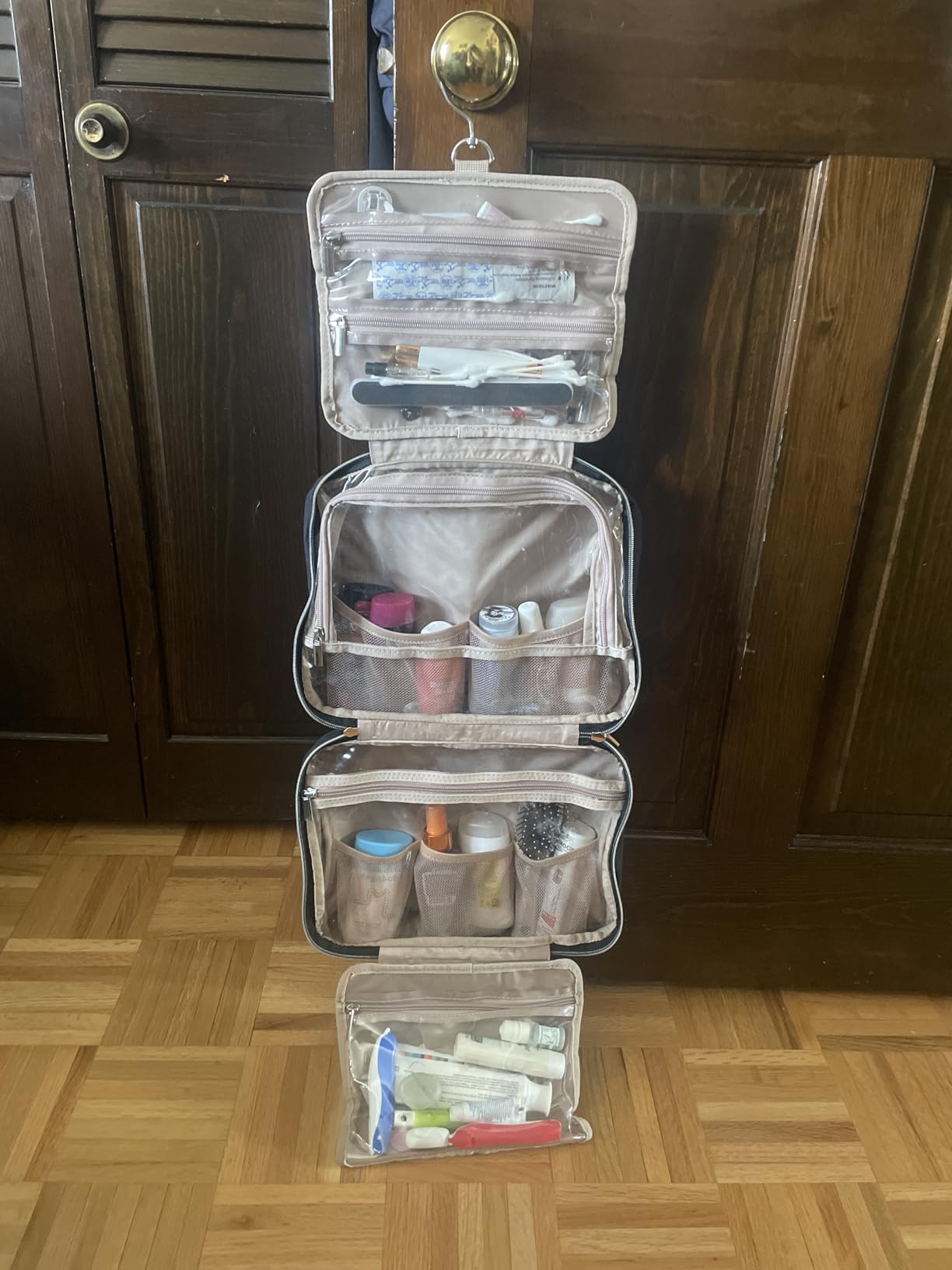 NISHEL Travel Toiletry Bag for women, Portable Hanging Organizer for Full-Sized Shampoo, Conditioner, Brushes Set, Makeup Accessories, Large Size, Rosewood-Pink customer photo 2