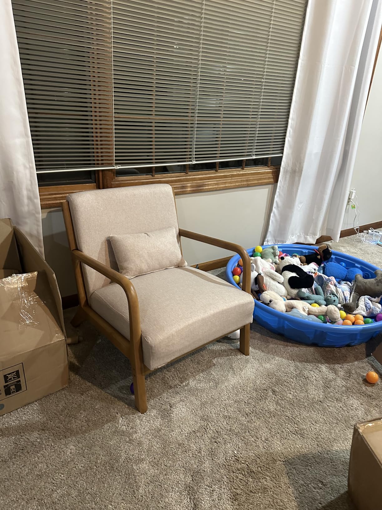 INZOY Mid Century Modern Accent Chair with Wood Frame, Upholstered Living Room Chairs with Waist Cushion, Reading Armchair for Bedroom Sunroom (Beige) customer photo 1
