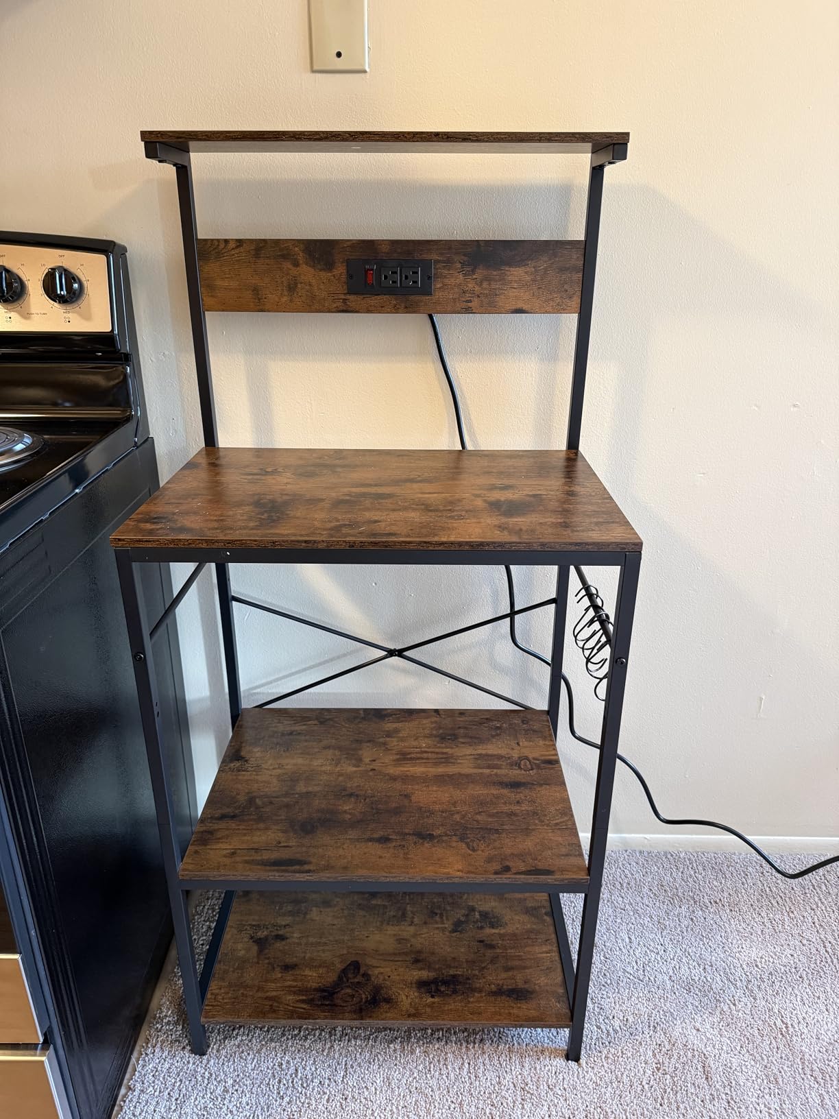 SUPERJARE Kitchen Bakers Rack with Power Outlet, Coffee Bar Table 4 Tiers, Kitchen Microwave Stand with 6 S-Shaped Hooks, Storage Shelf Rack for Spices, Pots and Pans - Rustic Brown customer photo 2