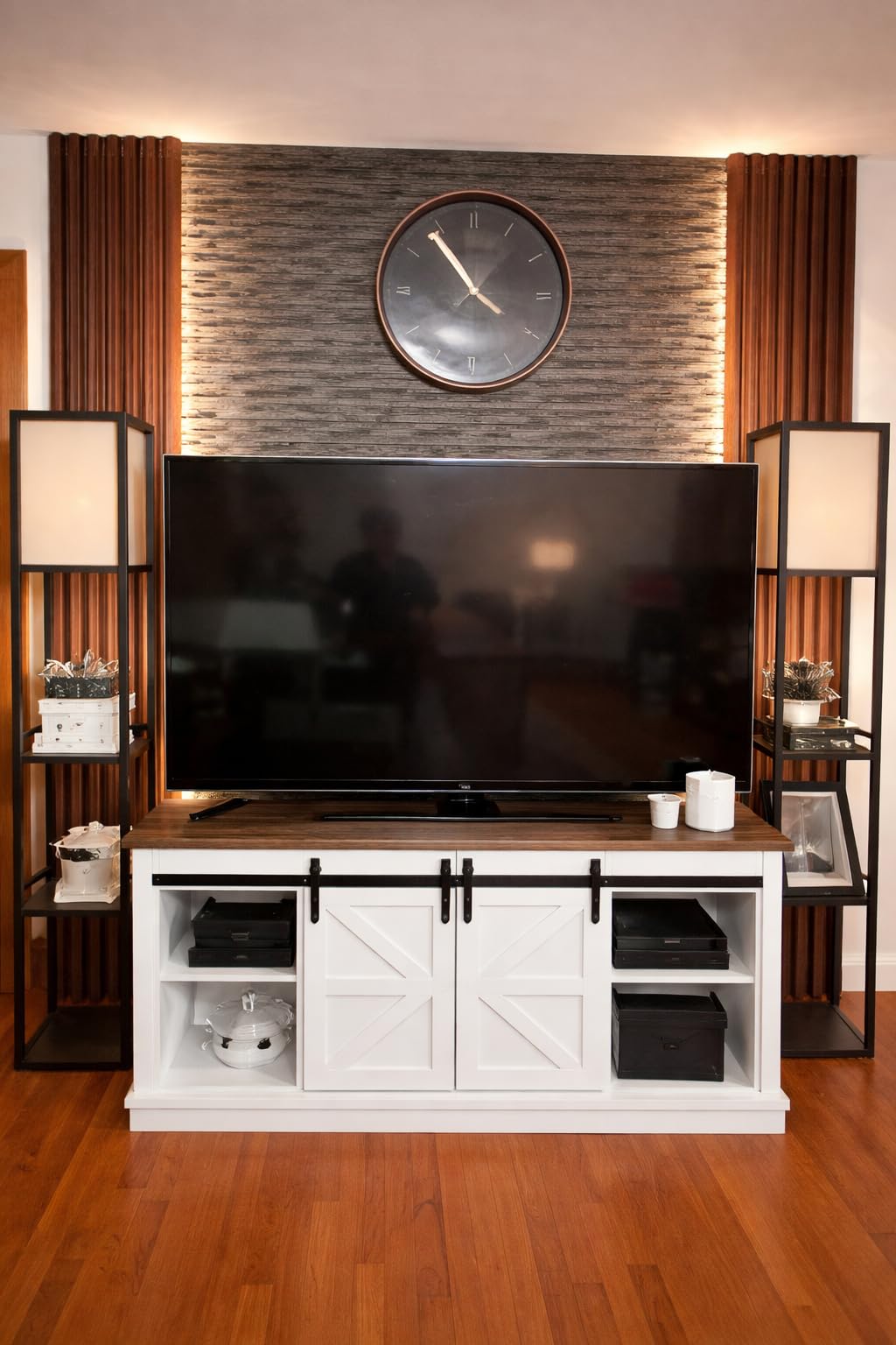 JUMMICO TV Stand for 65 Inch TV, Entertainment Center with Storage Cabinets and Sliding Barn Doors, Mid Century Modern Media TV Console Table for Living Room Bedroom (Bright White) customer photo 2