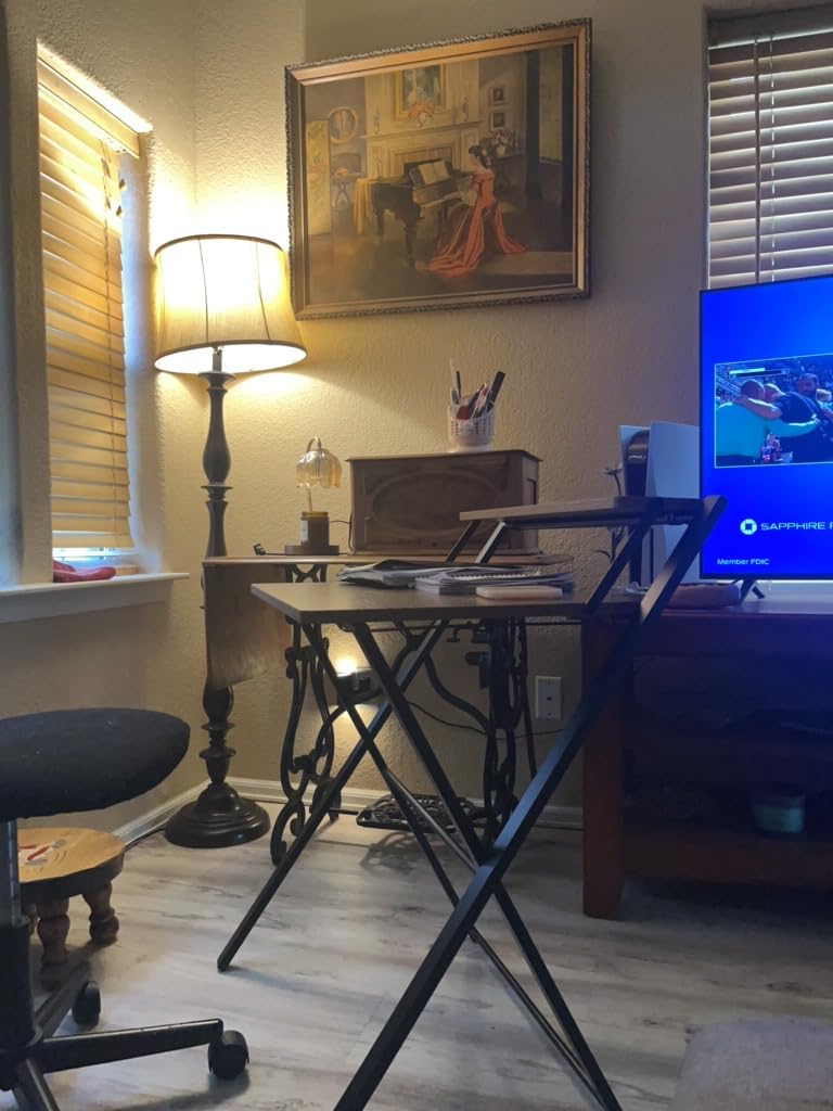 GreenForest Portable Small Desk No Assembly, 2-Tier Compact Computer Desk with Shelf, Space Saving Foldable Table for Home Office, Bedroom or Apartment, Portable Collapsible Sturdy Laptop Desk, Oak customer photo 1