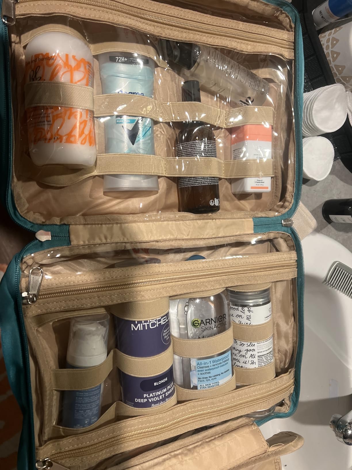 Travel Hanging Toiletry Bag for Women, Cruise Ship Essentials, with Jewelry Organizer, Extra Large Makeup Dopp Kit, Waterproof Cosmetic Bags, Toiletries Kit Set with Trolley Belt, Blue customer photo 2