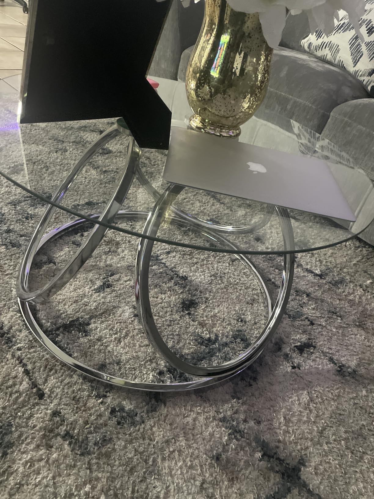 O&K FURNITURE Silver Coffee Table, Modern Glass Coffee Table Living Room Table with Ring-Shaped Frames, Glass Coffee Table for Home&Office, Chrome Finish, 1 PC customer photo 1