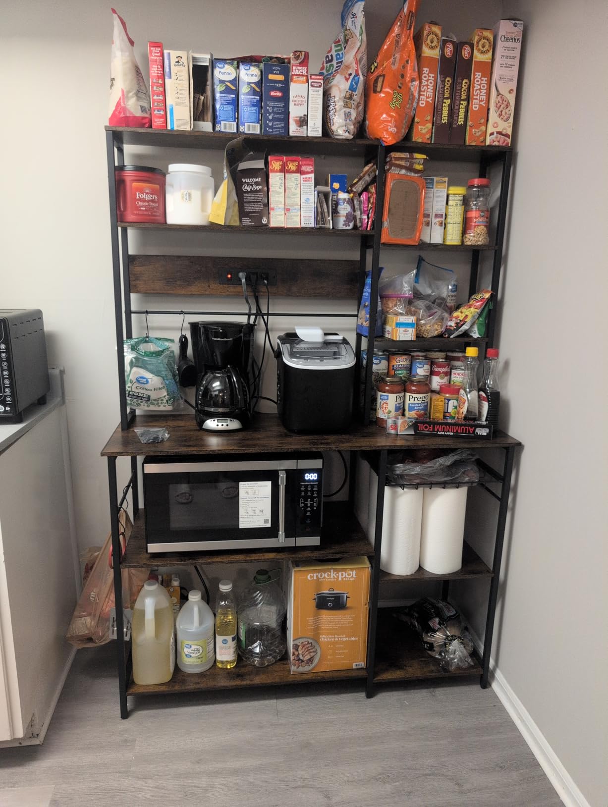 SUPERJARE Large Bakers Rack with Power Outlets, 6-Tier Microwave Stand, Coffee Bar with 12 S-Shaped Hooks, Kitchen Shelf with Wire Basket, 39.4 x 14.6 x 66.9 Inches, Rustic Brown customer photo 1