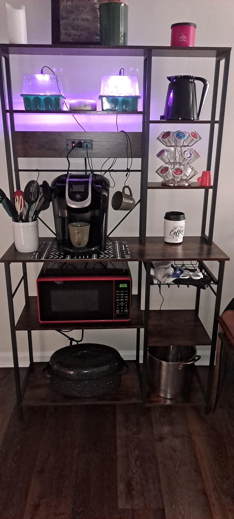 SUPERJARE Large Bakers Rack with Power Outlets, 6-Tier Microwave Stand, Coffee Bar with 12 S-Shaped Hooks, Kitchen Shelf with Wire Basket, 39.4 x 14.6 x 66.9 Inches, Rustic Brown customer photo 2