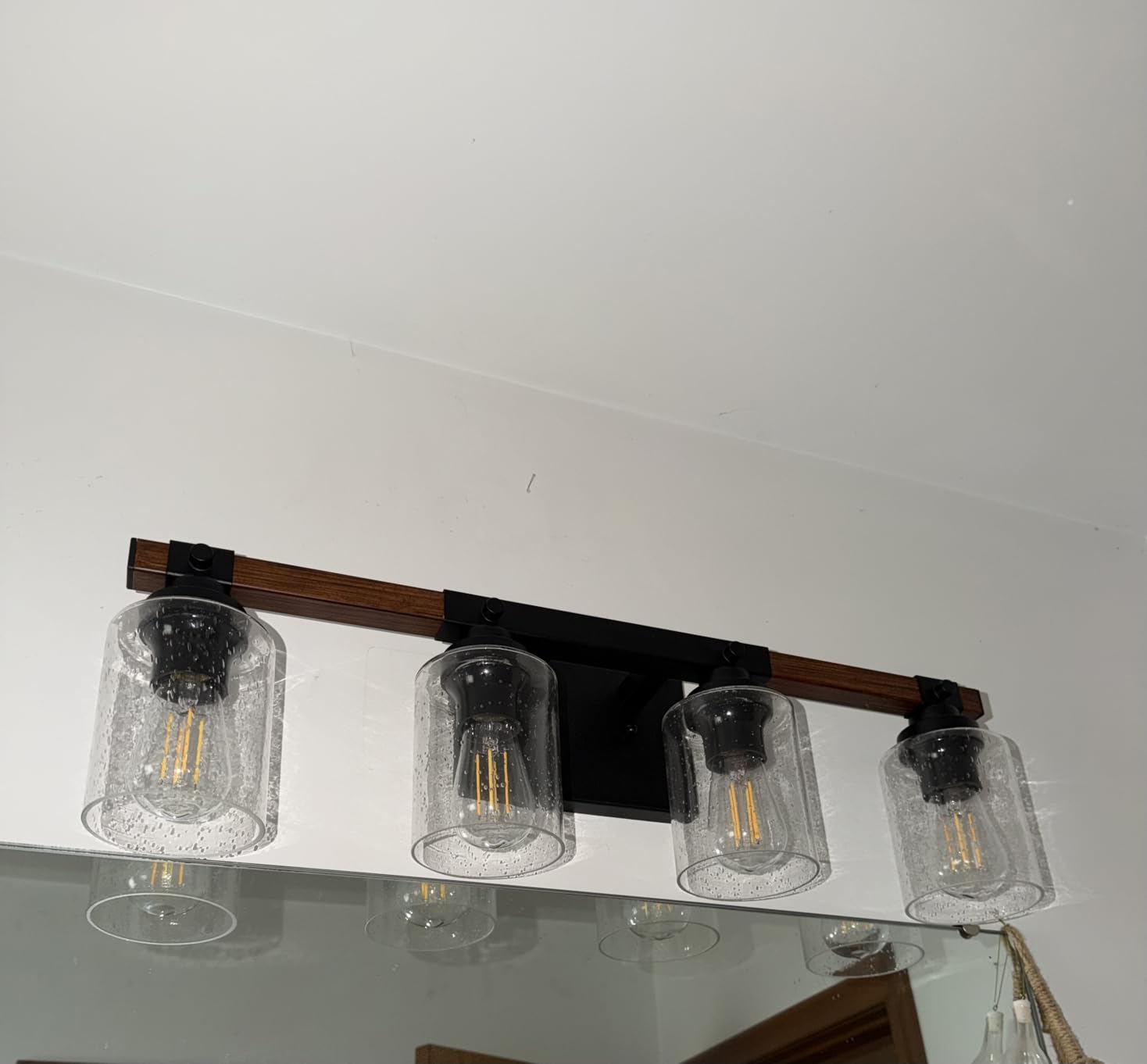 Amico 3-Light Farmhouse Vanity Light Fixture, Rustic Wood Bathroom Light Fixtures, Industrial Vintage Black Wall Sconces Lights with Bubble Glass Shade for Mirror, Bedroom, Living Room, Hallway customer photo 1