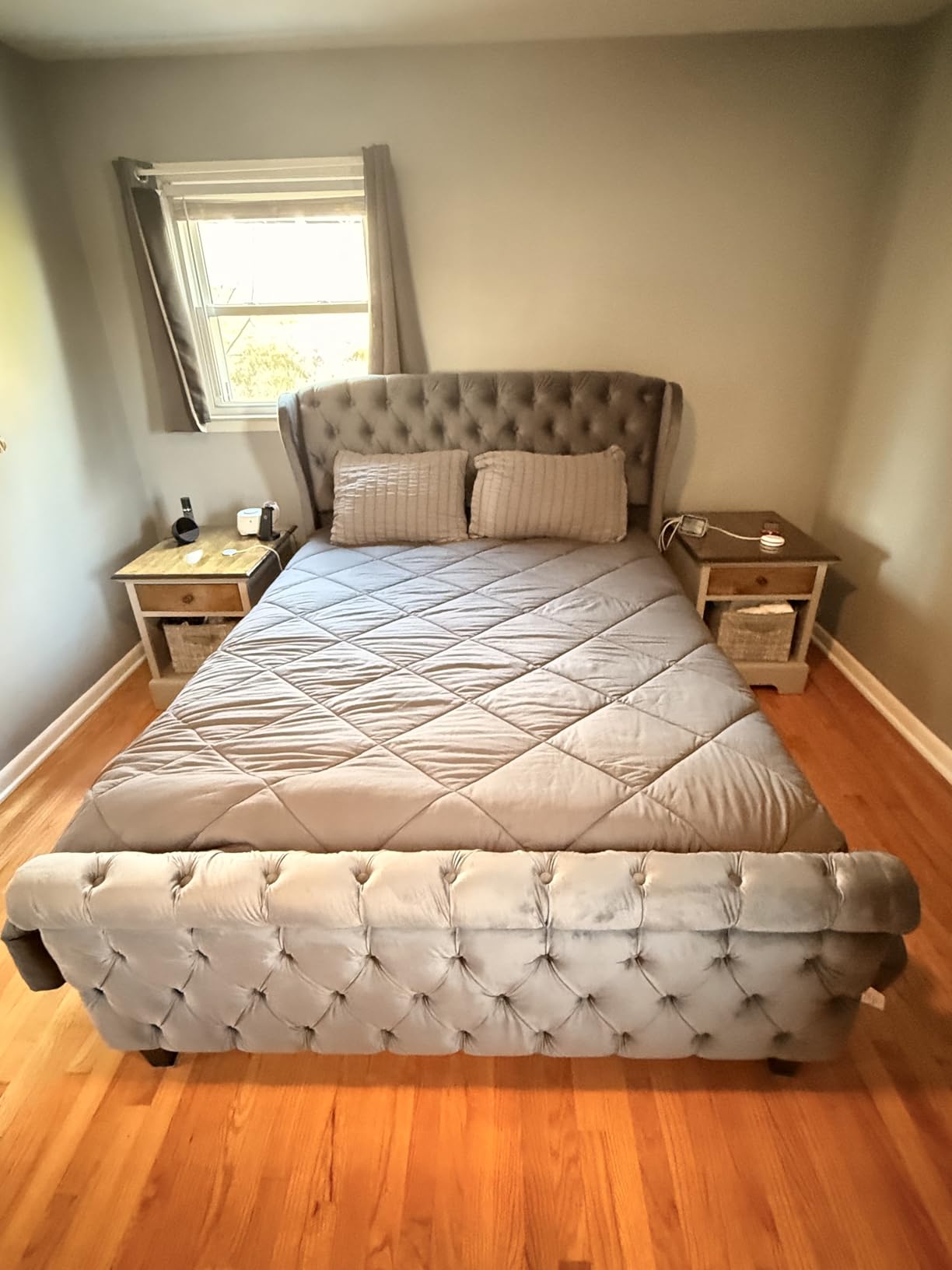 AMERLIFE Queen Size Platform Bed Frame, Chenille Upholstered Sleigh Bed with Scroll Wingback Headboard & Footboard/Button Tufted/No Box Spring Required/Cream customer photo 1