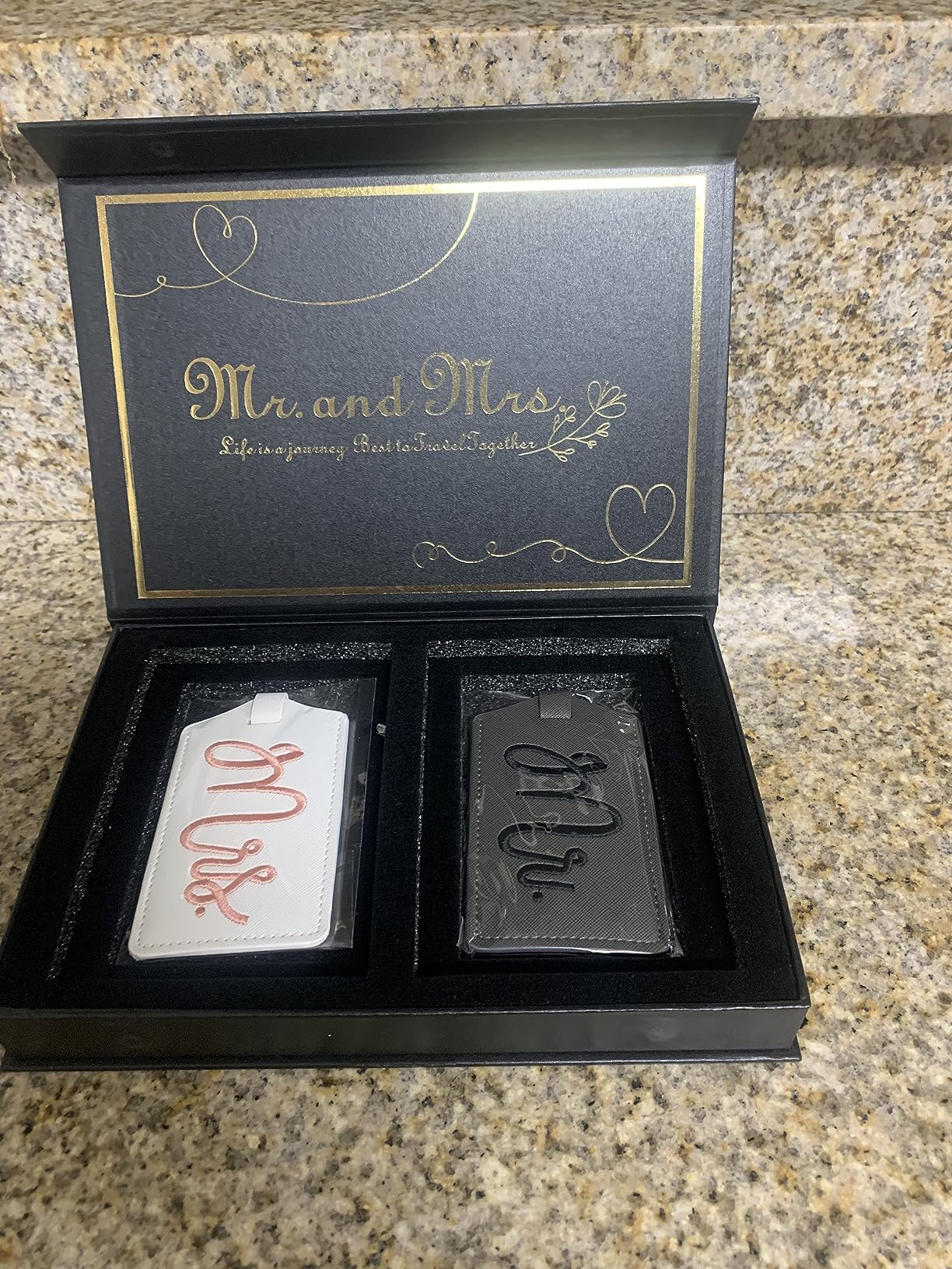 Mr. and Mrs. Luggage Tags and Passport Holder Set - Wedding Honeymoon Travel Essentials for Bride & Groom Couples (2 Sets, Embroidery Style) customer photo 1