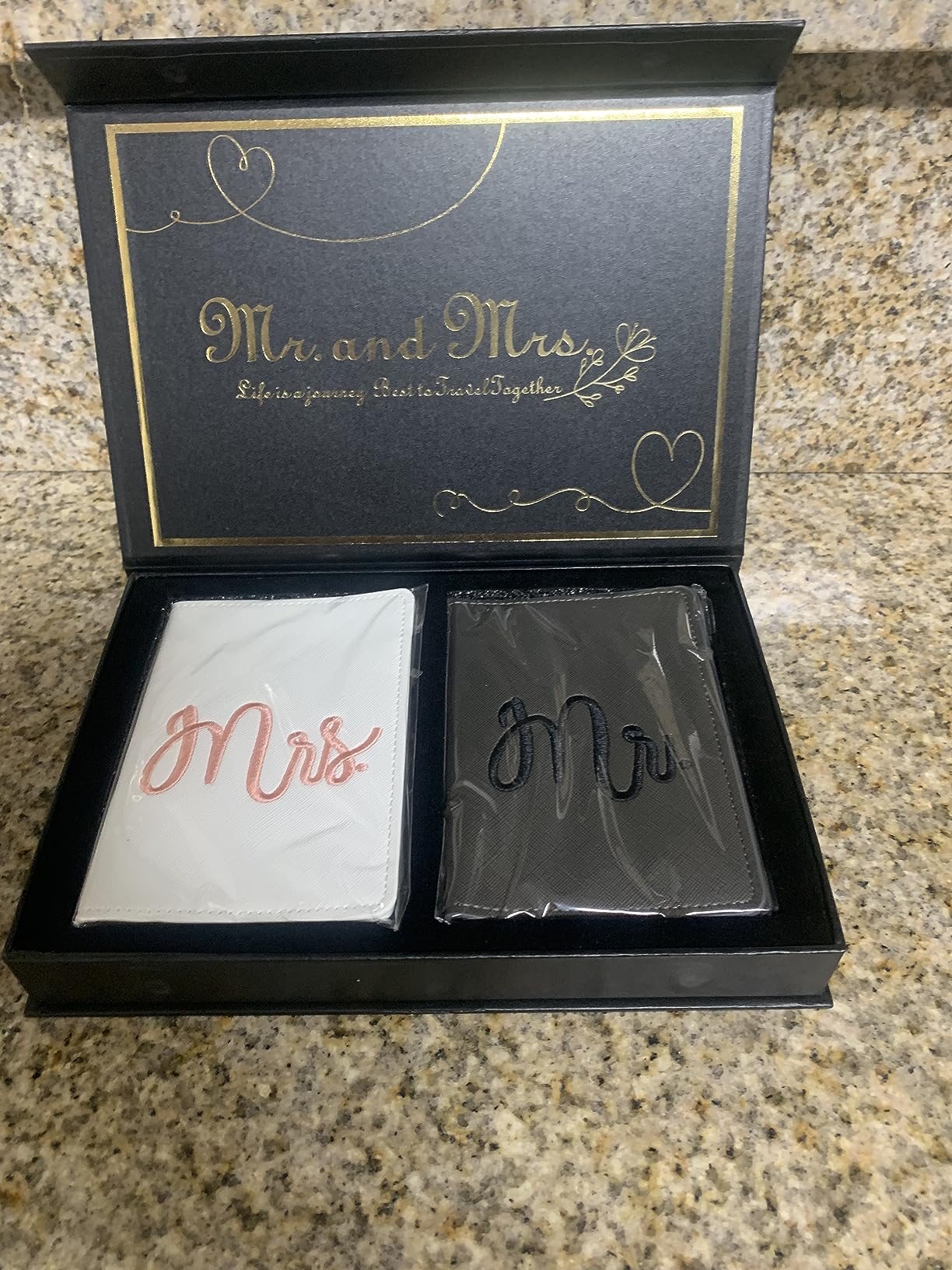 Mr. and Mrs. Luggage Tags and Passport Holder Set - Wedding Honeymoon Travel Essentials for Bride & Groom Couples (2 Sets, Embroidery Style) customer photo 2