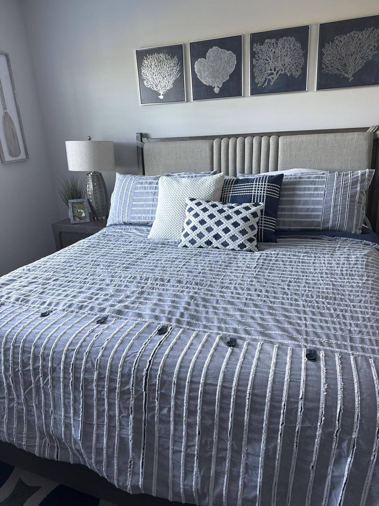 Madison Park King Comforter Set Clipped Jacquard Stripes with Buttons Boho Comforter, Cotton Oversized Comforters with Removable Cover - Ivory 9 Piece customer photo 1