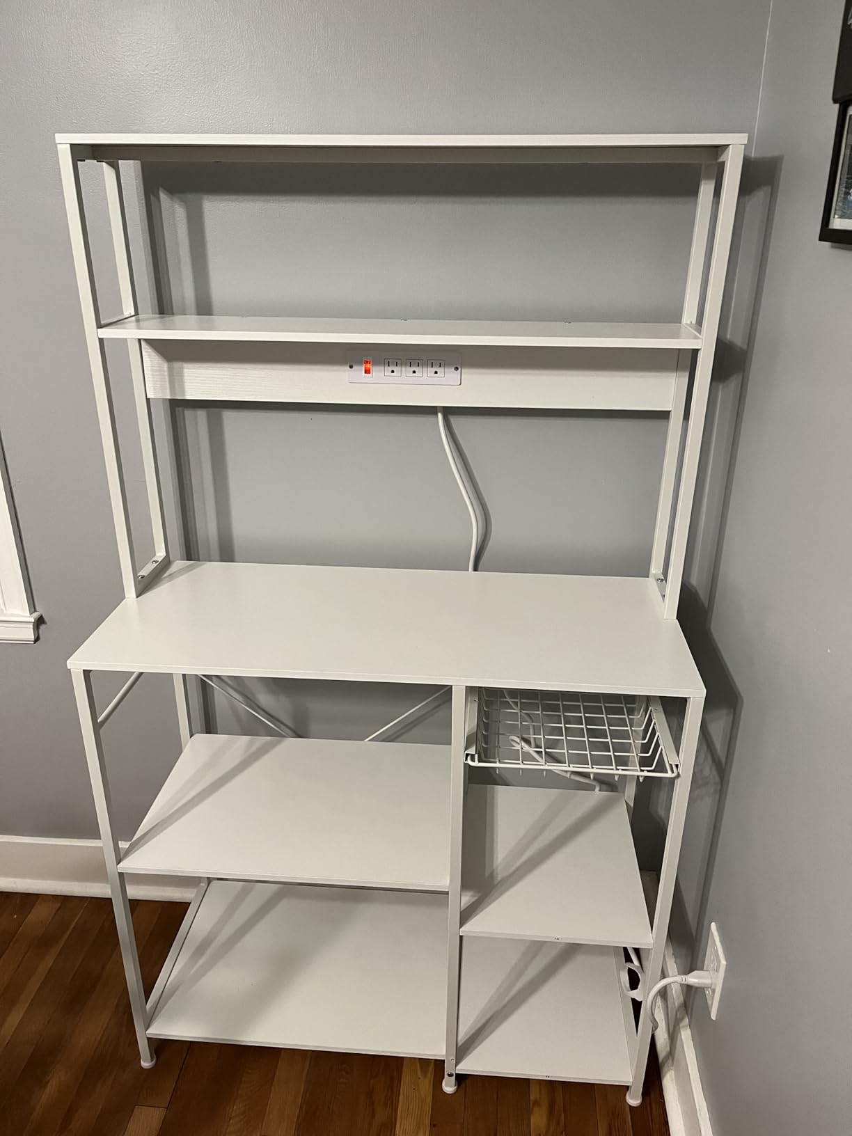 SUPERJARE Bakers Rack with Power Outlet, 35.4 Inches Coffee Bar with Wire Basket, Kitchen Microwave Stand with 6 S-Shaped Hooks, Open Storage Shelves, Rustic Brown customer photo 1