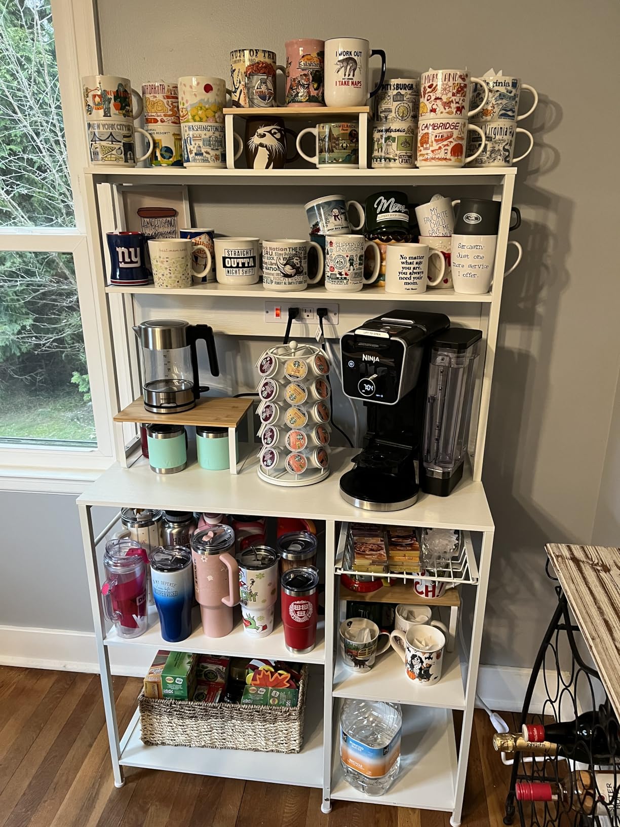 SUPERJARE Bakers Rack with Power Outlet, 35.4 Inches Coffee Bar with Wire Basket, Kitchen Microwave Stand with 6 S-Shaped Hooks, Open Storage Shelves, Rustic Brown customer photo 2