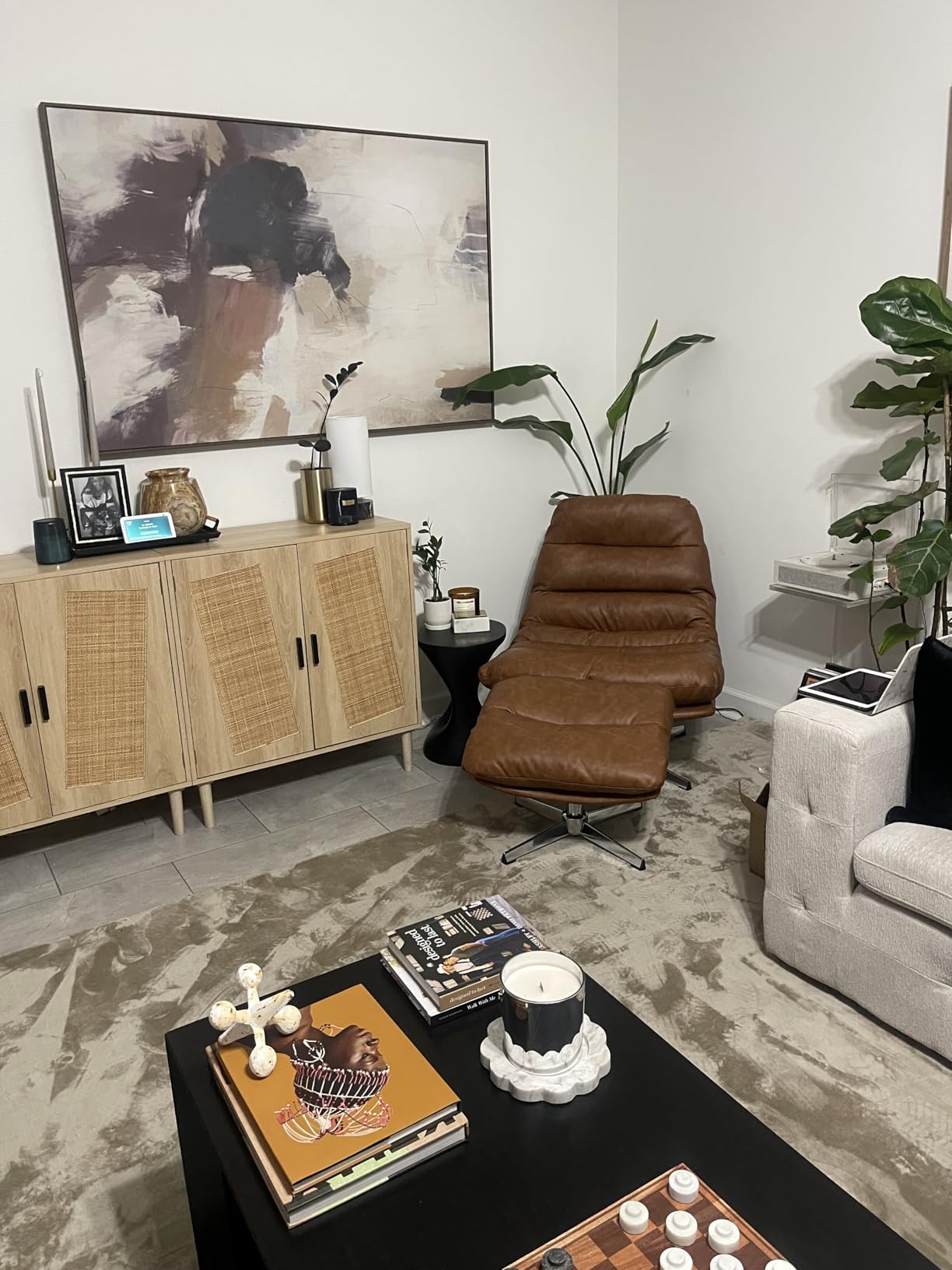 BESTANO Swivel Accent Chair with Ottoman, Mid Century Modern Faux Leather Lounge Chair with footrest, Comfy Oversized Armchair with 360 Degree Metal Base for Living Room Bedroom, Brown customer photo 1