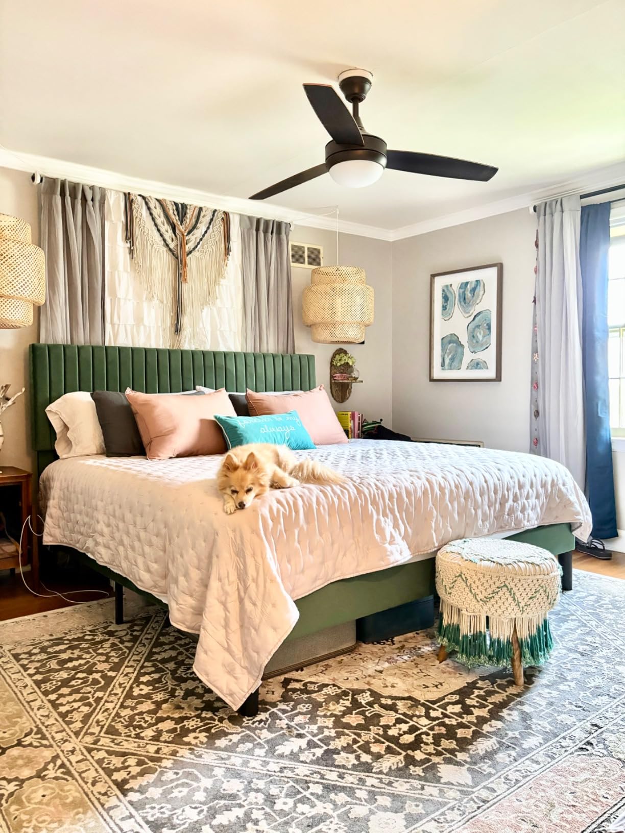 Allewie Queen Bed Frame, Velvet Upholstered Platform Bed with Adjustable Vertical Channel Tufted Headboard, Mattress Foundation with Strong Wooden Slats, Box Spring Optional, Easy Assembly, Green customer photo 2