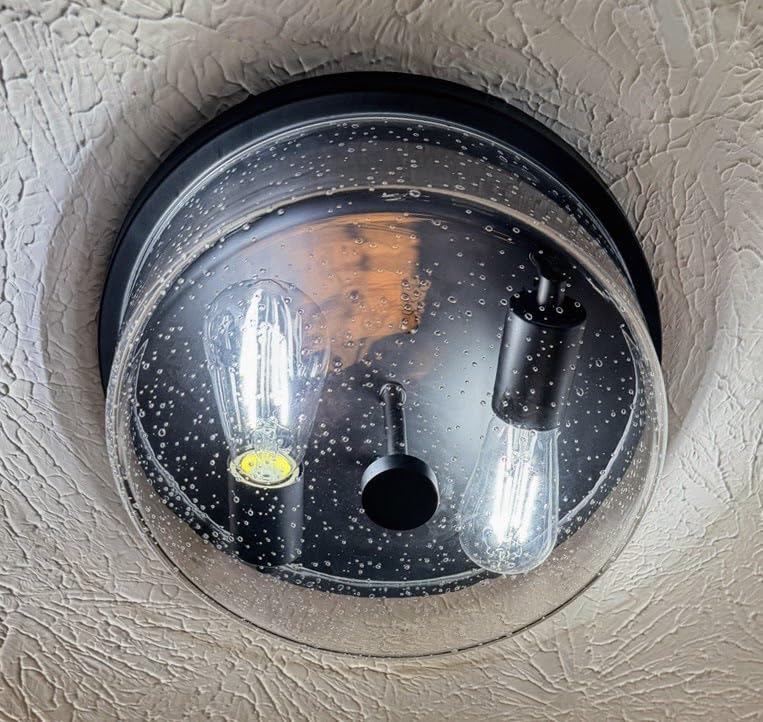 Black Flush Mount Ceiling Light Fixtures, 2-Light Ceiling Mount for Farmhouse with Seeded Glass Lampshade, Industrial Flush Mount Light Fixture for Hallway, Kitchen, Entryway and Foyer customer photo 2