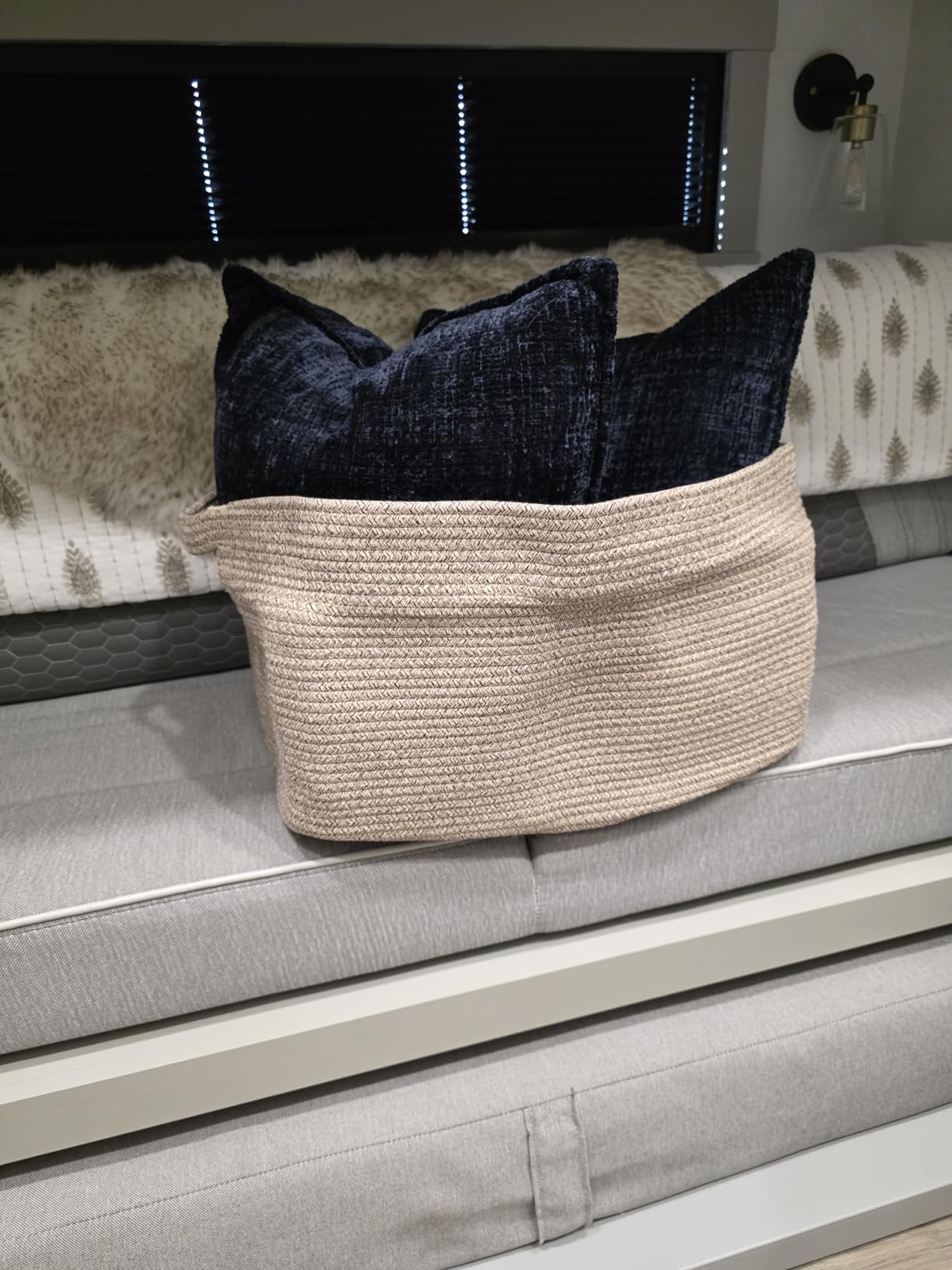 OIAHOMY 75L Large Woven Cotton Rope Storage Basket with Handle for Organizing Blanket and Toys for Living Room, Nursery, Brown Variegated 22x17x12 customer photo 1