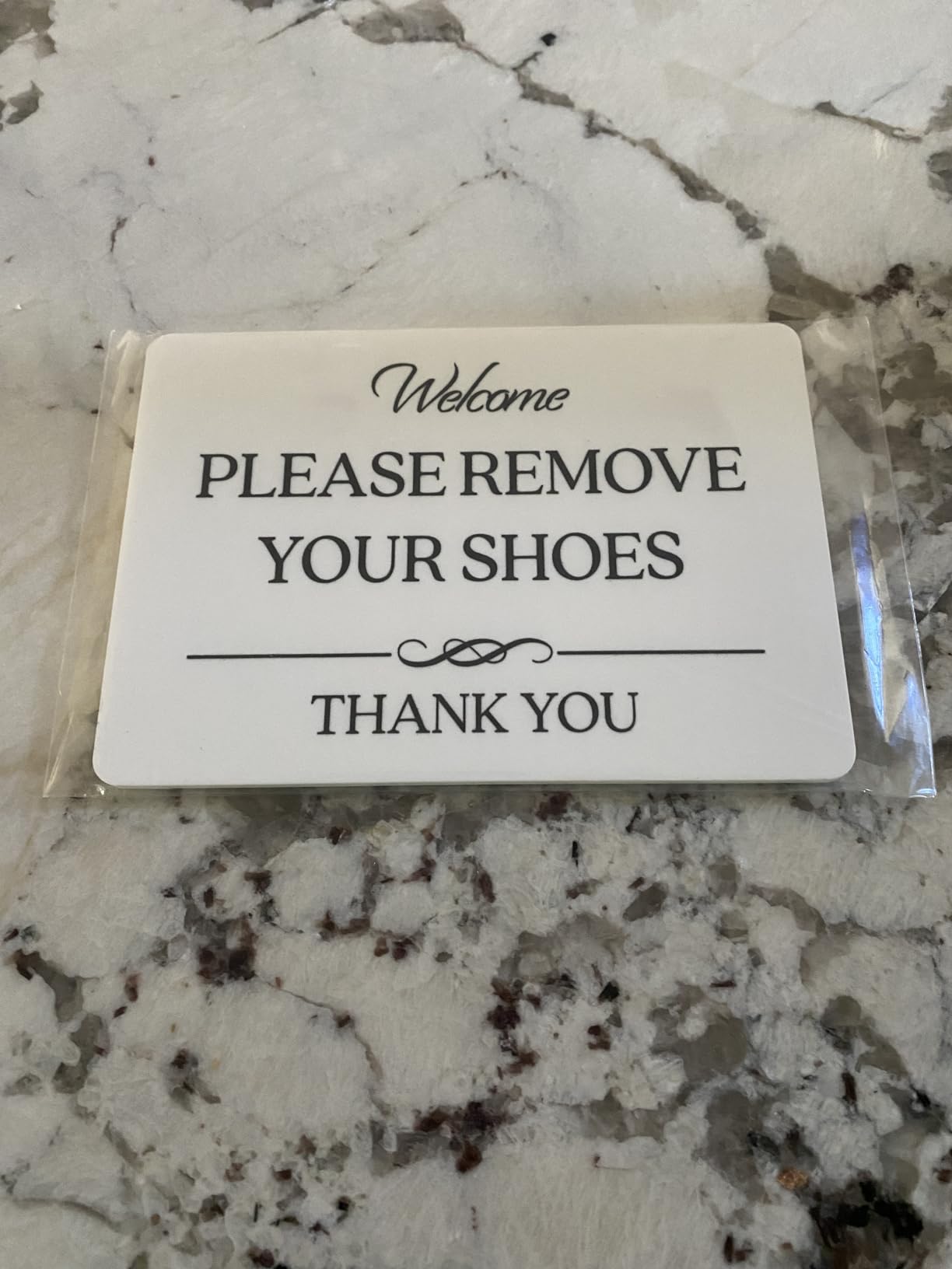 Please Remove Your Shoes Sign (White Acrylic 5 x 3.5 in) - Take Your Shoes Off Sign - Airbnb Essentials for Hosts - Vrbo Essentials for Hosts - Airbnb, Vrbo and Short-Term Rental Signs customer photo 2