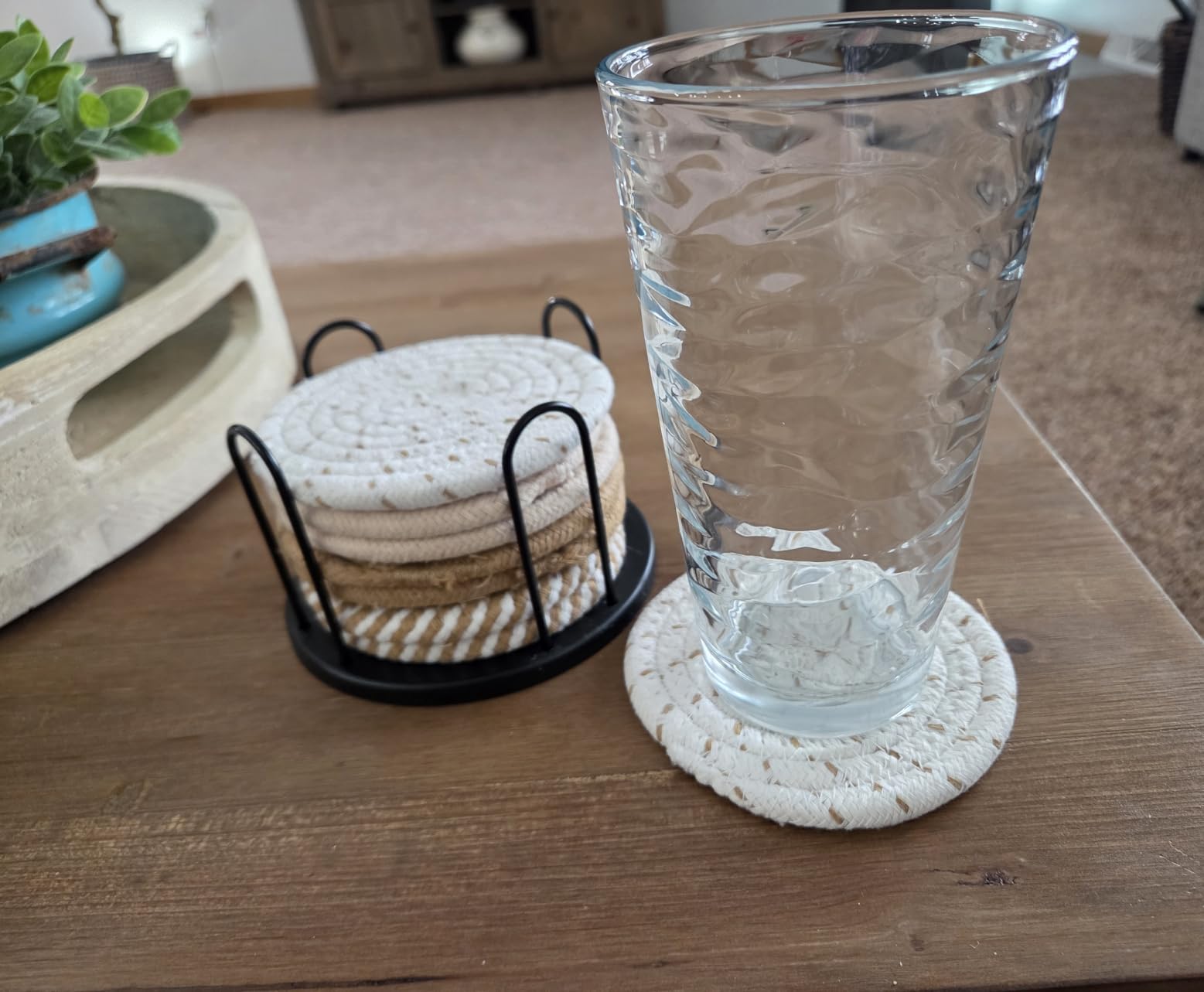 Coasters Set of 8 for Drinks, Beer, Coffee, Cotton Woven 4 Colors Absorbent Coaster with Holder, Boho Coasters for Home Decor Tabletop Protection customer photo 2