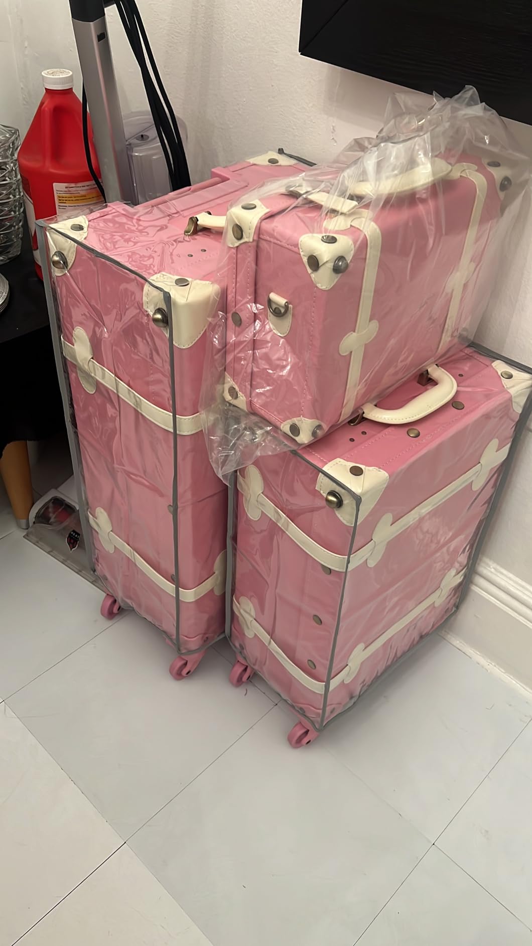 Vintage Suitcase Set, 3 Piece Retro Spinner Trunk, TSA-Approved Travel Luggage with Cosmetic Train Case for Women (Blue Strip, 26