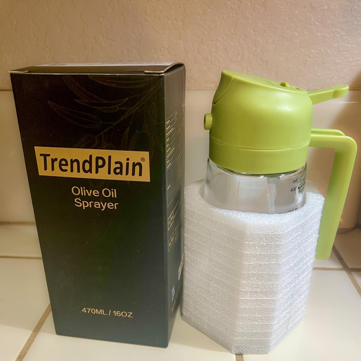 TrendPlain 16oz/470ml Glass Olive Oil Sprayer for Cooking - 2 in 1 Olive Oil Dispenser Bottle for Kitchen Gadgets and Air Fryer Accessories, Salad, BBQ - Black customer photo 1
