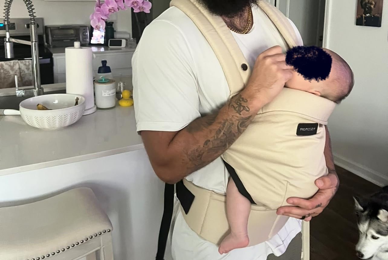 Momcozy Baby Carrier - Ergonomic, Cozy and Lightweight Carrier for 7-45lbs, Effortless to Put On, Ideal for Hands-Free Parenting, Enhanced Lumbar Support, Purehug for Infant to Toddler, Khaki customer photo 1