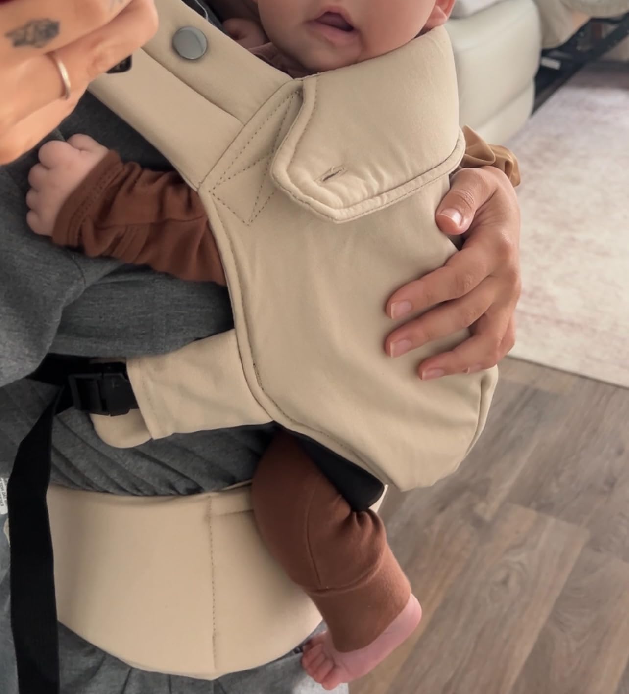 Momcozy Baby Carrier - Ergonomic, Cozy and Lightweight Carrier for 7-45lbs, Effortless to Put On, Ideal for Hands-Free Parenting, Enhanced Lumbar Support, Purehug for Infant to Toddler, Khaki customer photo 2