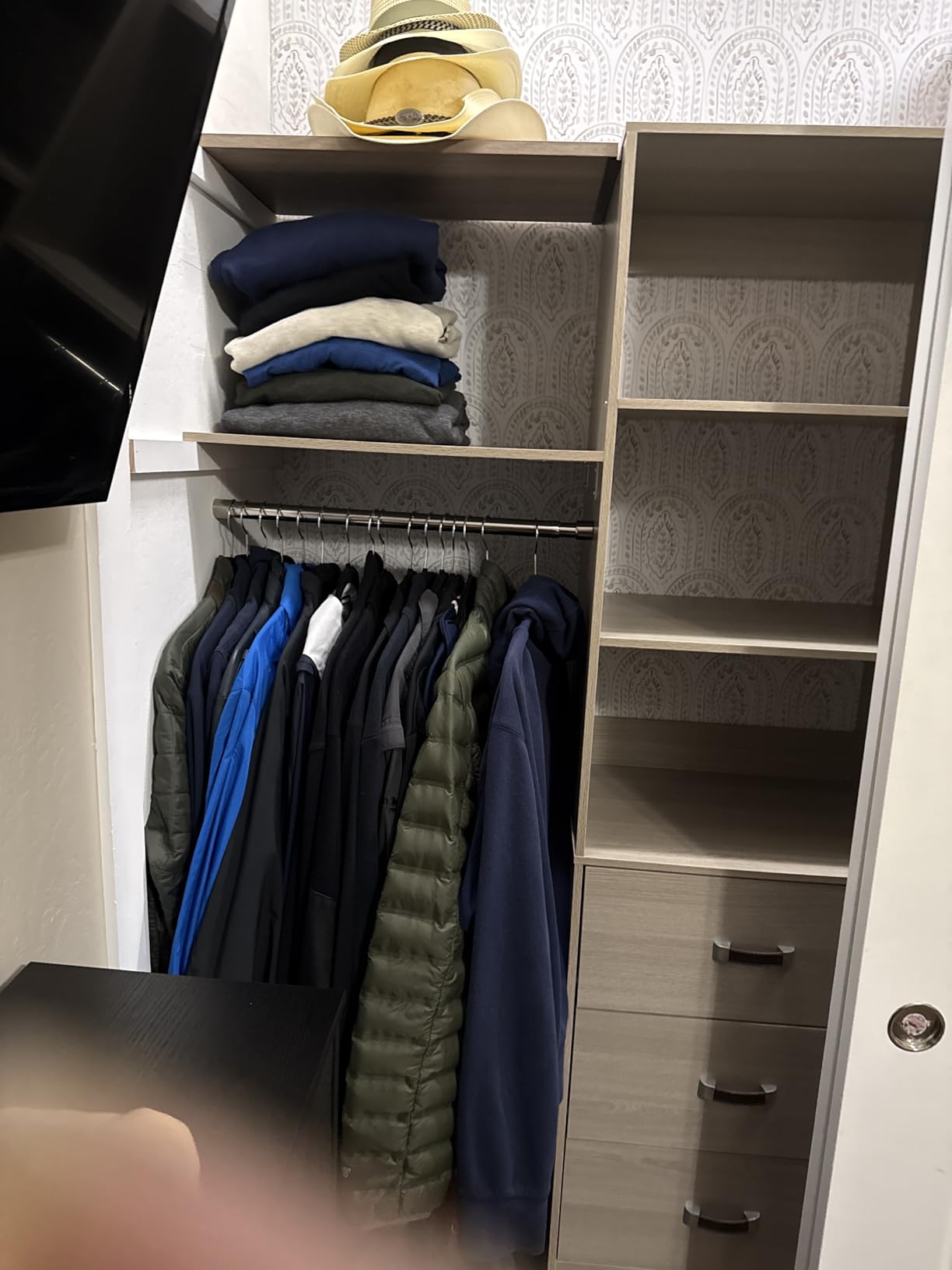 iSunirm 8FT Closet System, 96'' Closet Organizer System with 3 Hanging Rods, Wall Mount Bedroom Wardrobe with 3 Drawers Walk-in Closet, Adjustable Cloth Garment Rack from 5 to 8FT (Cut to Fit), White customer photo 1