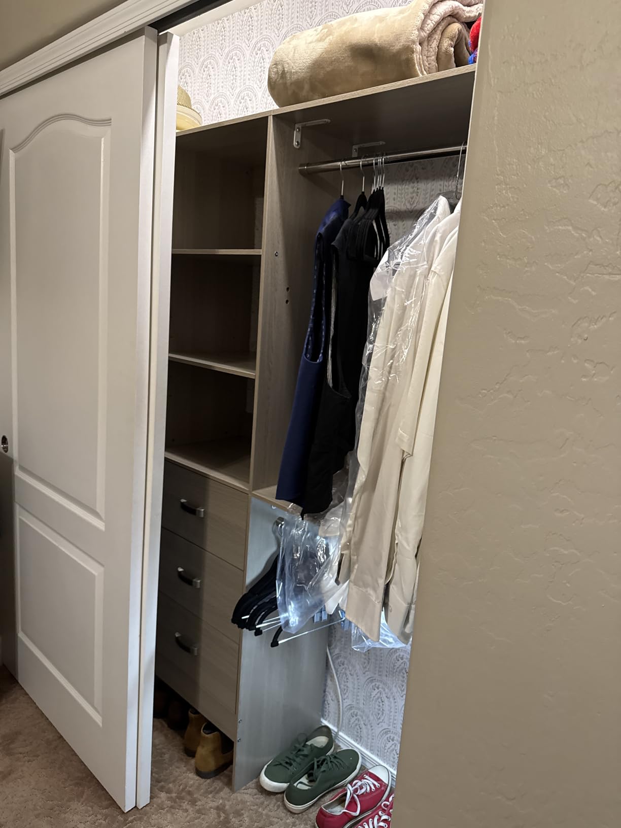 iSunirm 8FT Closet System, 96'' Closet Organizer System with 3 Hanging Rods, Wall Mount Bedroom Wardrobe with 3 Drawers Walk-in Closet, Adjustable Cloth Garment Rack from 5 to 8FT (Cut to Fit), White customer photo 2