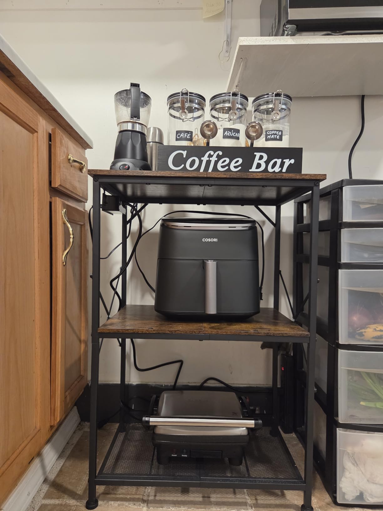 Furologee Kitchen Bakers Rack with Power Outlet, Microwave Oven Stand with Storage 4 Tiers, Coffee Bar Table with 6 S Hooks, Kitchen Storage Shelf Rack for Spices, Pots, Rustic Brown customer photo 1