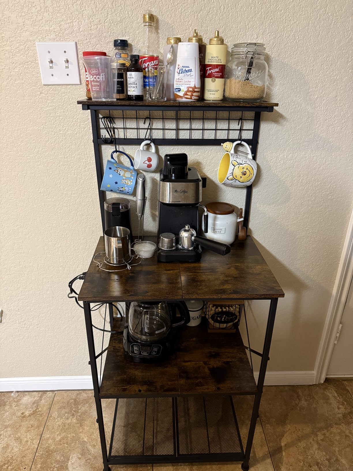 Furologee Kitchen Bakers Rack with Power Outlet, Microwave Oven Stand with Storage 4 Tiers, Coffee Bar Table with 6 S Hooks, Kitchen Storage Shelf Rack for Spices, Pots, Rustic Brown customer photo 2